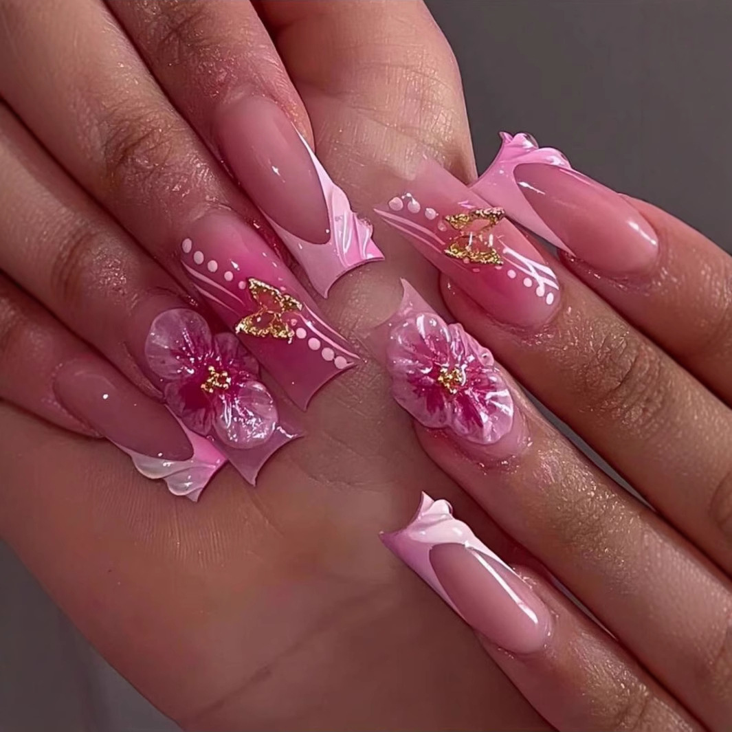 Pressed Flower Art - Faux ongles français à pression carrée,
