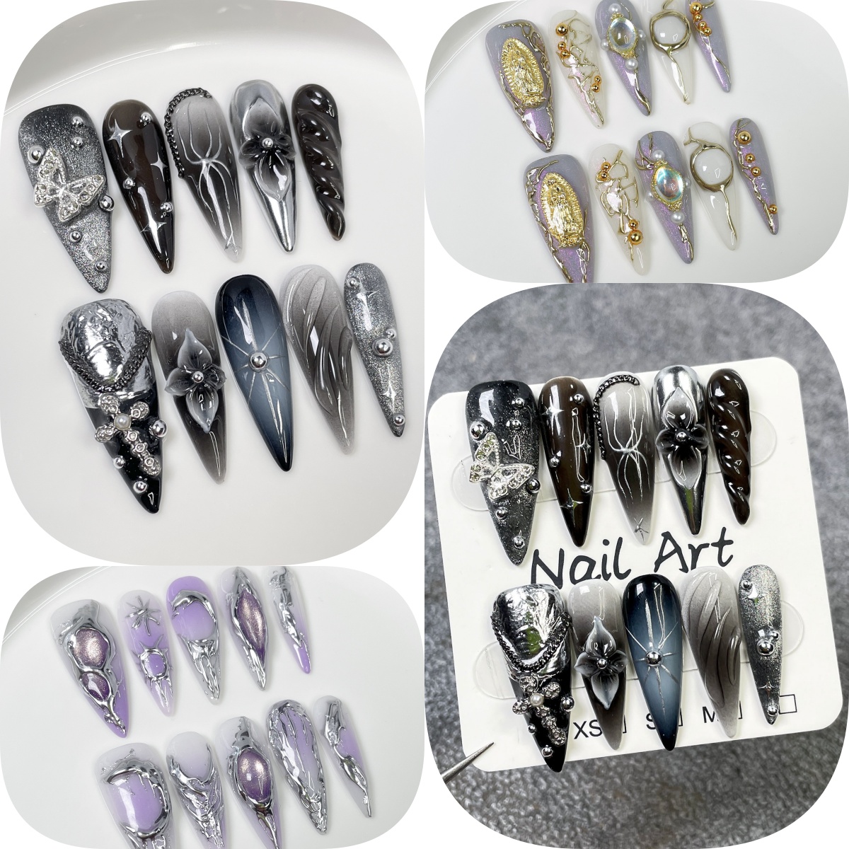 Pressed Flower Art - 10 pièces noir dégradé Long Stiletto